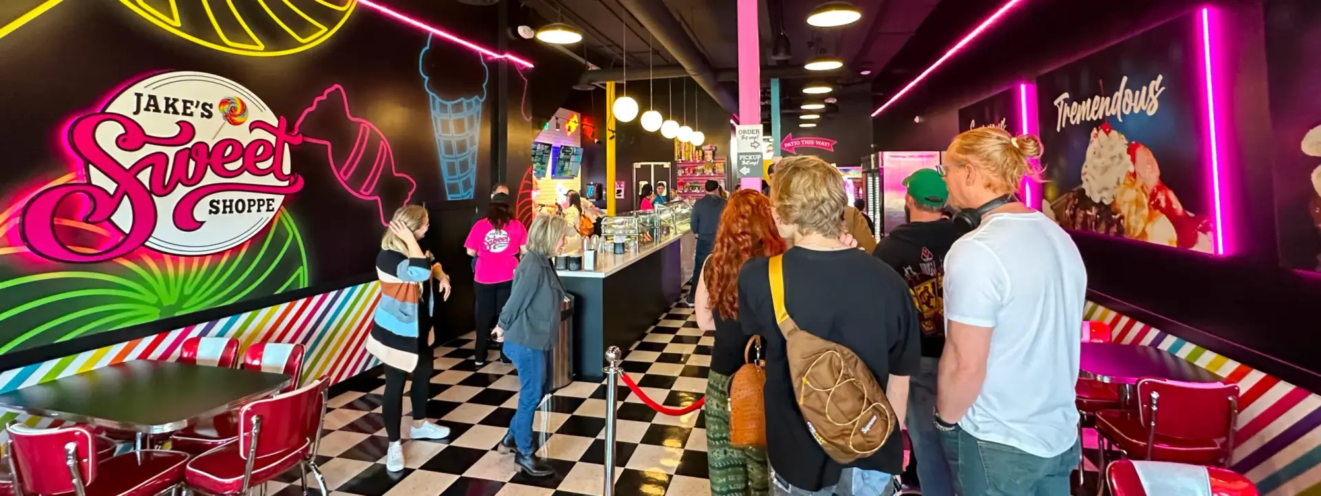 Checkout counter area with decorative candy displays at Jake's Sweet Shoppe.