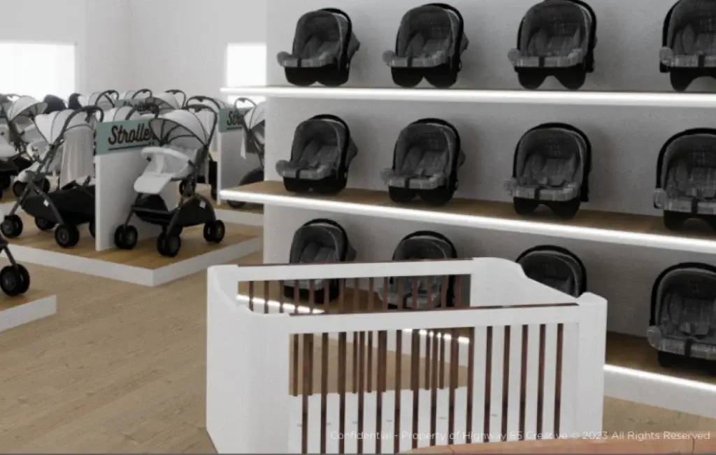 Close-up of various strollers on display at Strolleria's custom showroom.