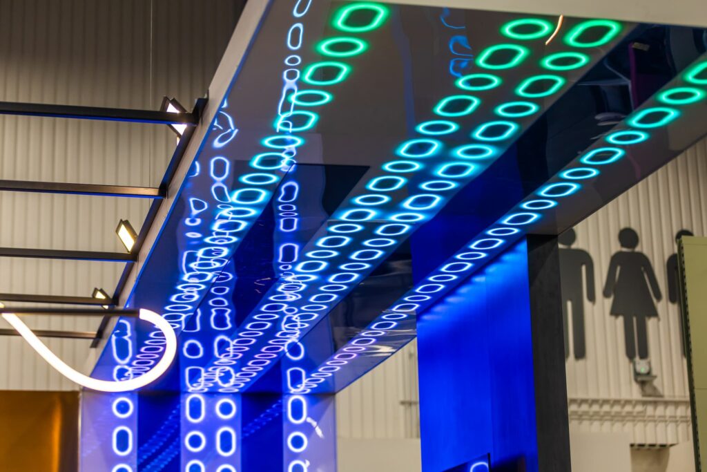 closeup image of freepower's unique lighting for their trade show booth at design & construction week 2025