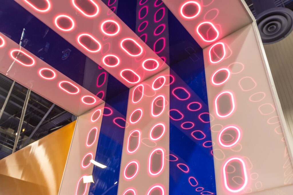 closeup image of freepower's unique lighting for their trade show booth at design & construction week 2025