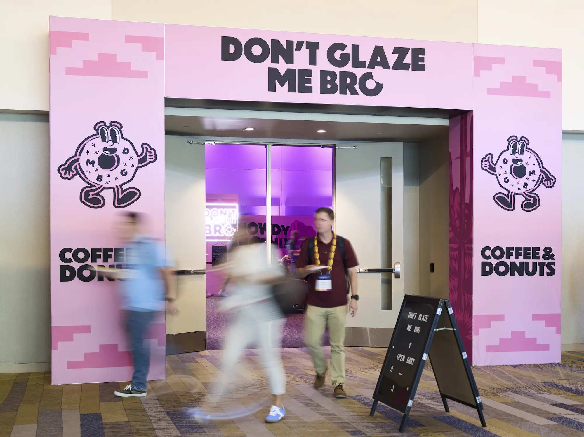 Don't Glaze Me Bro branded entrance archway with custom fabricated corporate event signage and graphics at Axon Week 2025 produced by Highway 85 Productions