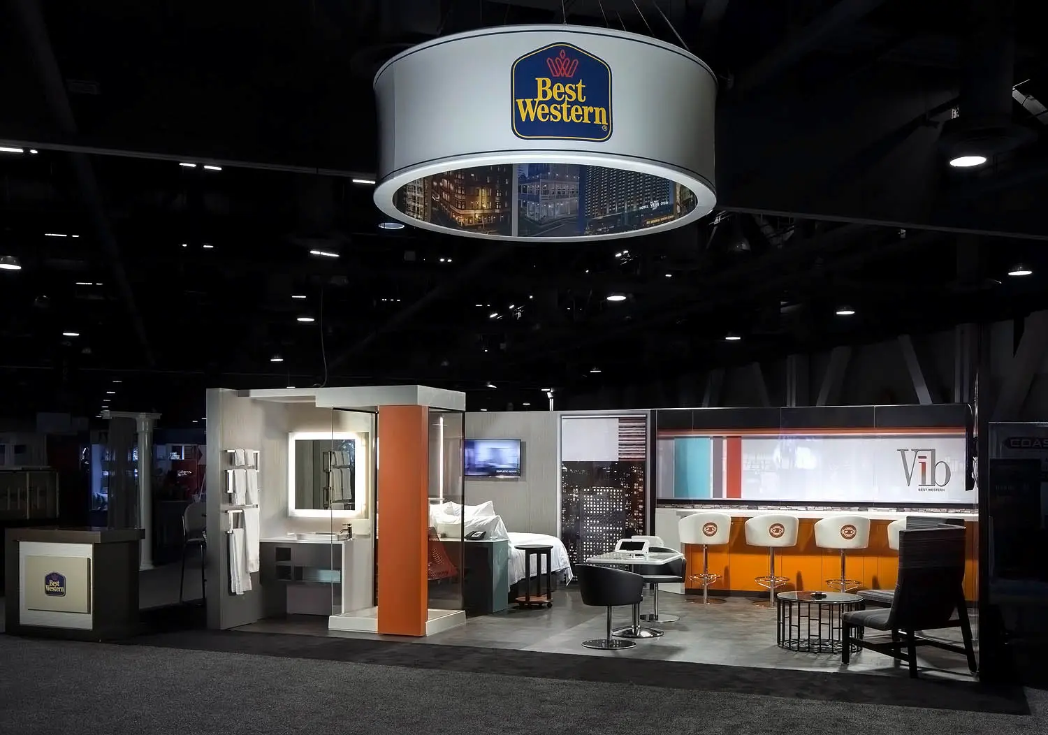 Best Western hotel interior branding concept with custom fabricated room display, branded lounge seating, and permanent commercial installation by Highway 85 Productions