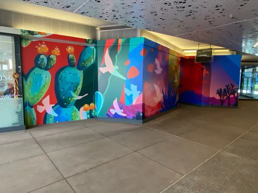 Arizona Center large format environmental graphics with colorful custom mural installation and permanent commercial fabrication by Highway 85 Productions