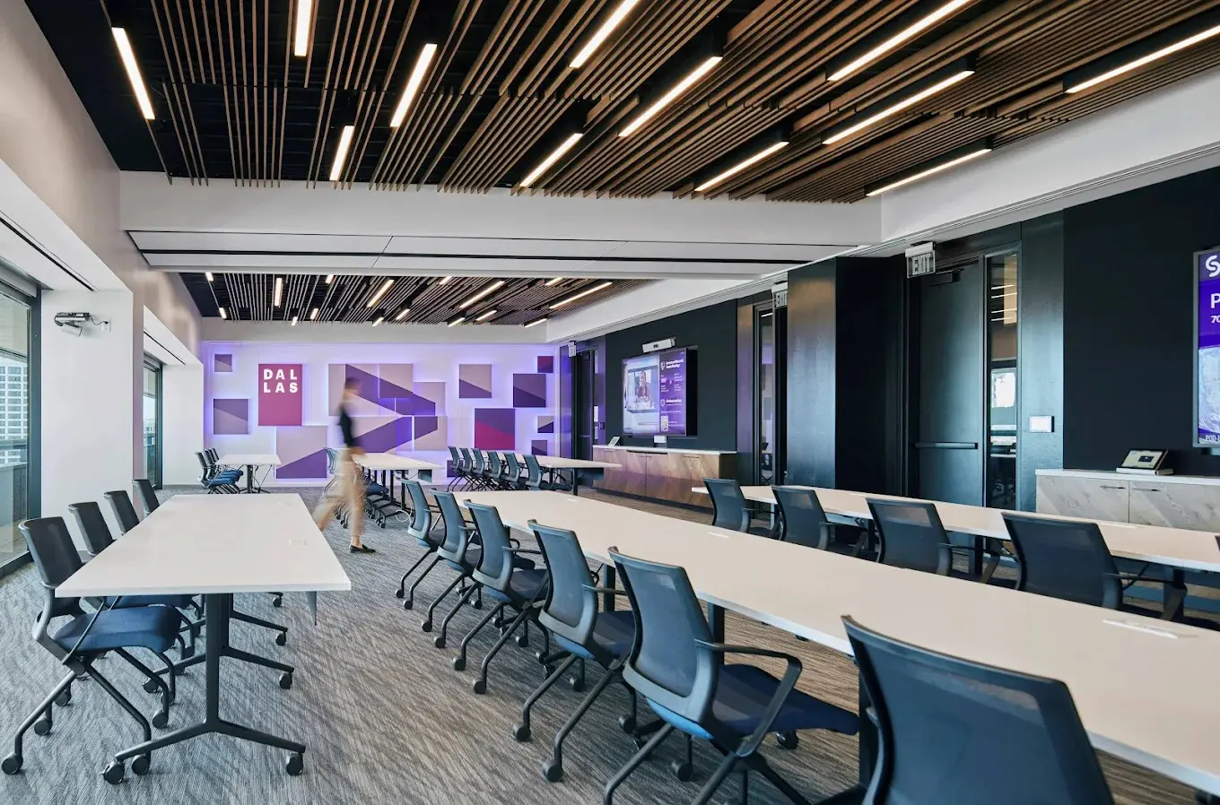 Accenture Dallas office conference room branding with custom geometric feature wall, dimensional signage, and permanent interior installation by Highway 85 Productions