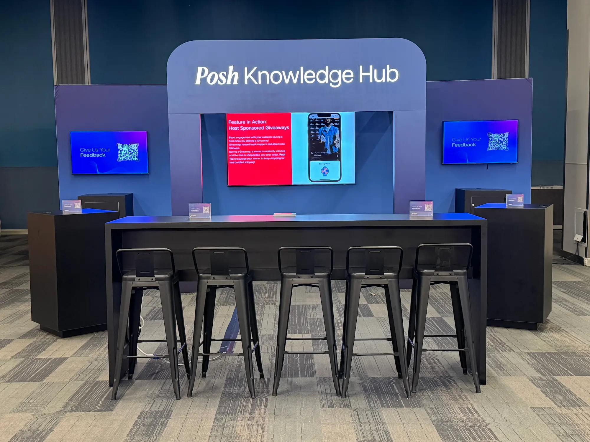 Posh Knowledge Hub custom fabricated branded event display with integrated screens and agency client fabrication by Highway 85 Productions