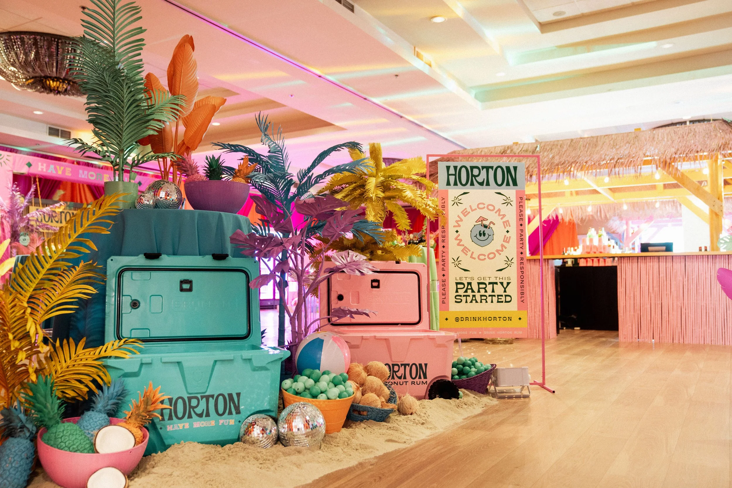 Horton Coconut Rum branded event activation with custom fabricated scenic elements and agency client production by Highway 85 Productions