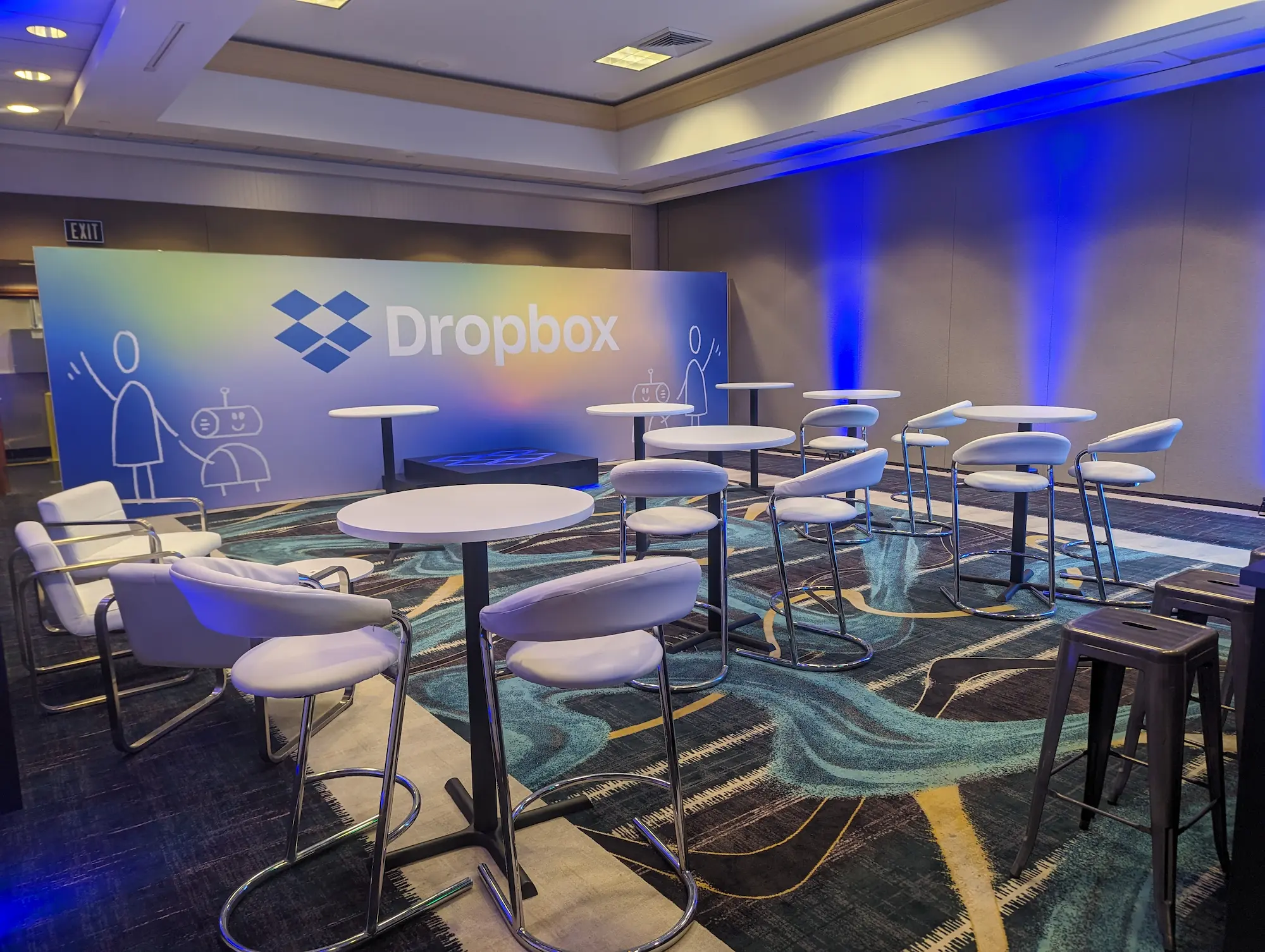 Dropbox branded corporate event environment with custom fabricated backdrop and agency client production by Highway 85 Productions