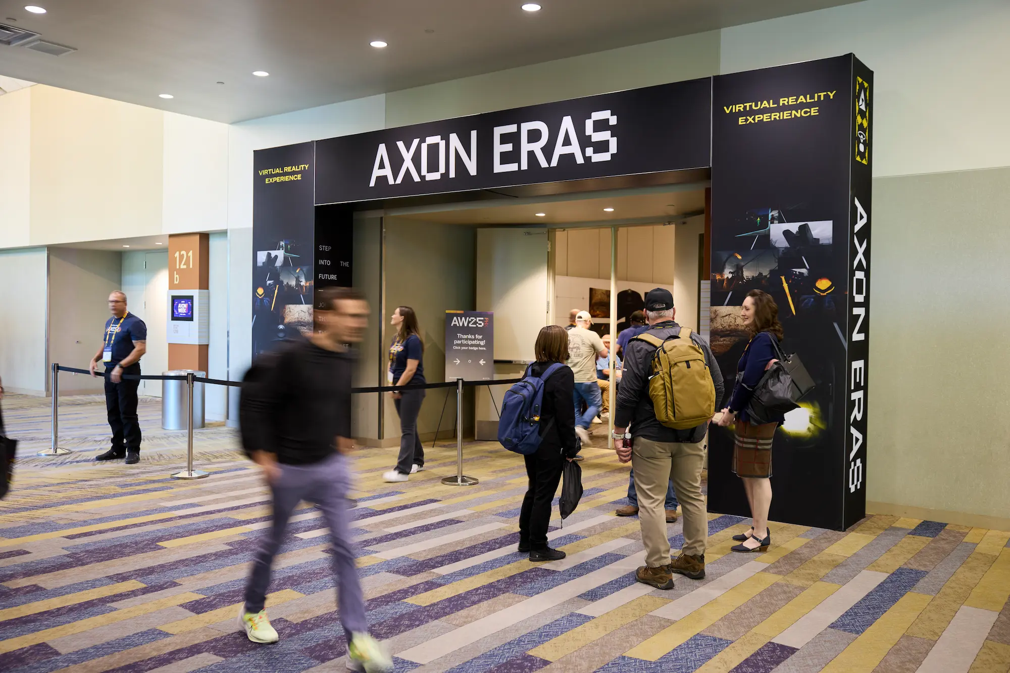 Axon Eras virtual reality experience activation with custom fabricated branded entrance archway produced by Highway 85 Productions for an agency client
