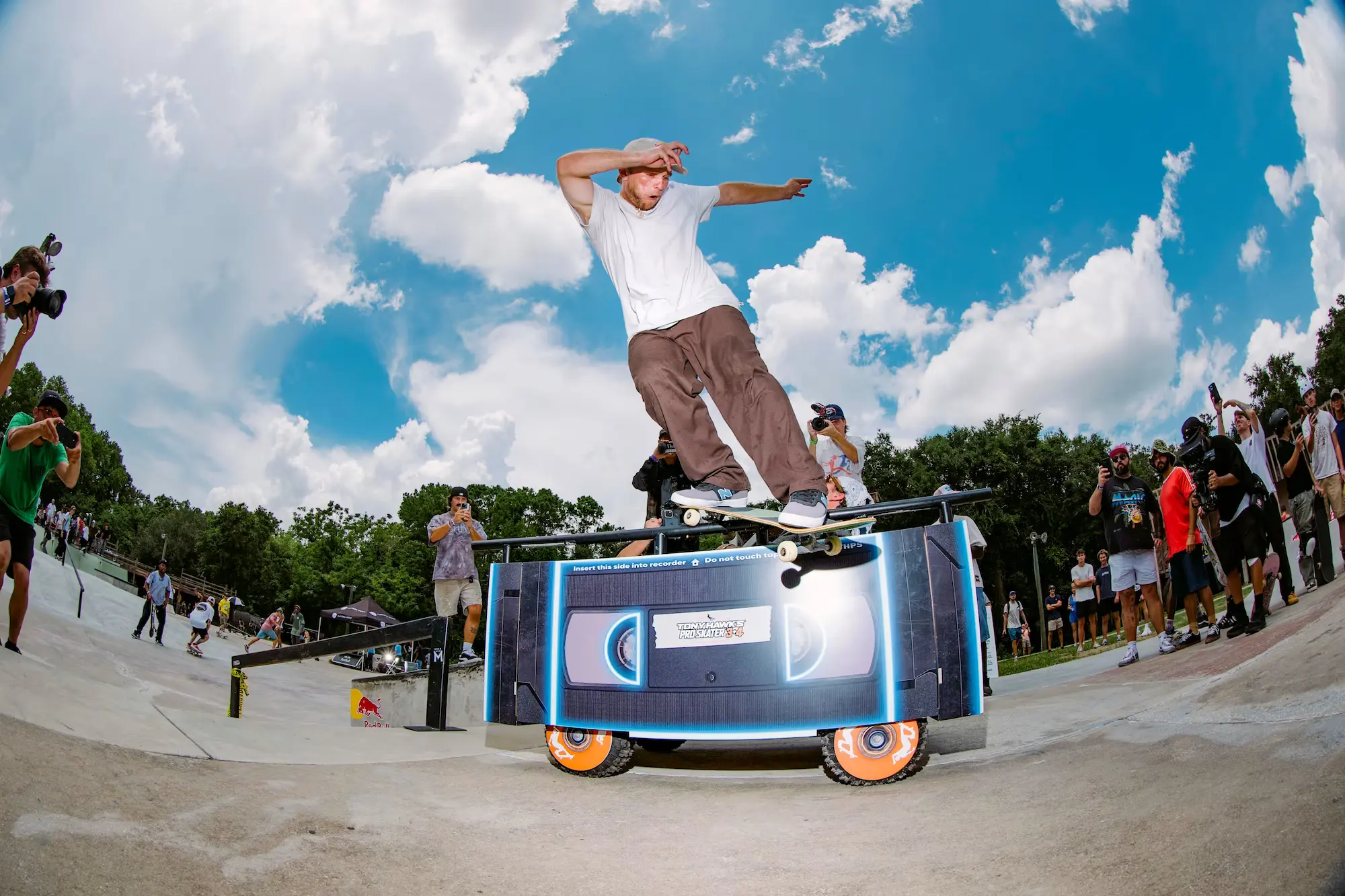 Custom fabricated VHS tape branded skate obstacle for Red Bull Pin Drop showing the kind of last minute fabrication capability agencies need when a vendor drops out