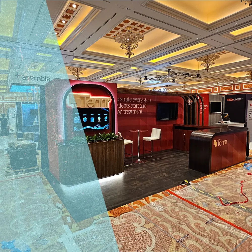 10x20 trade show booth featuring custom fabricated counters, custom arches, dimensional backlit logo and mounted led screen