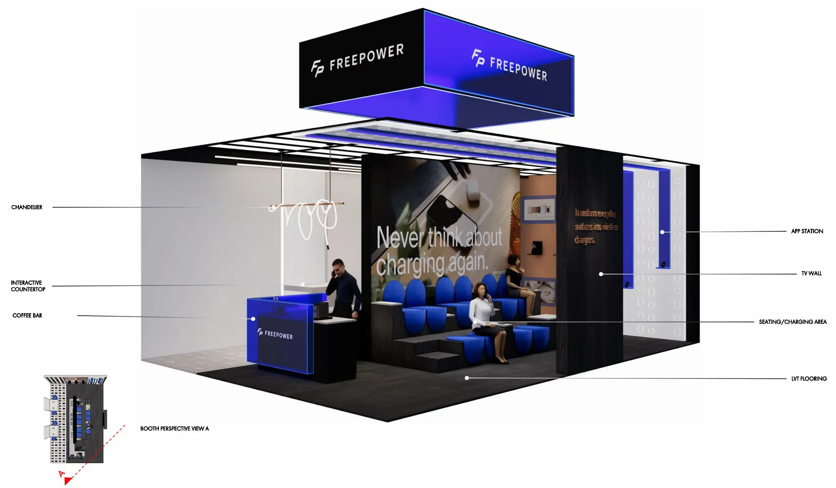 FreePower custom trade show booth design process render showing hanging sign, interactive countertop, seating area, and branded graphics by Highway 85 Productions