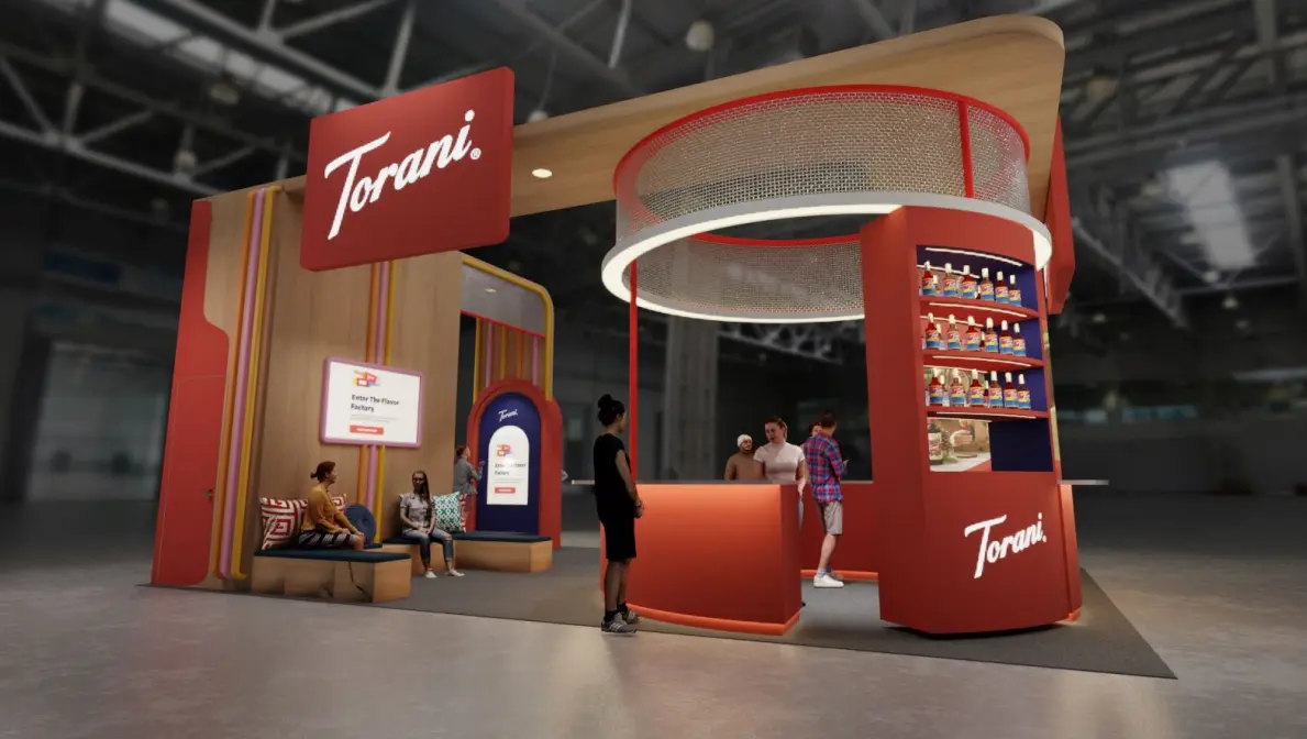 Torani custom trade show exhibit showing a well-executed booth design that avoids common trade show exhibit design mistakes by Highway 85 Productions