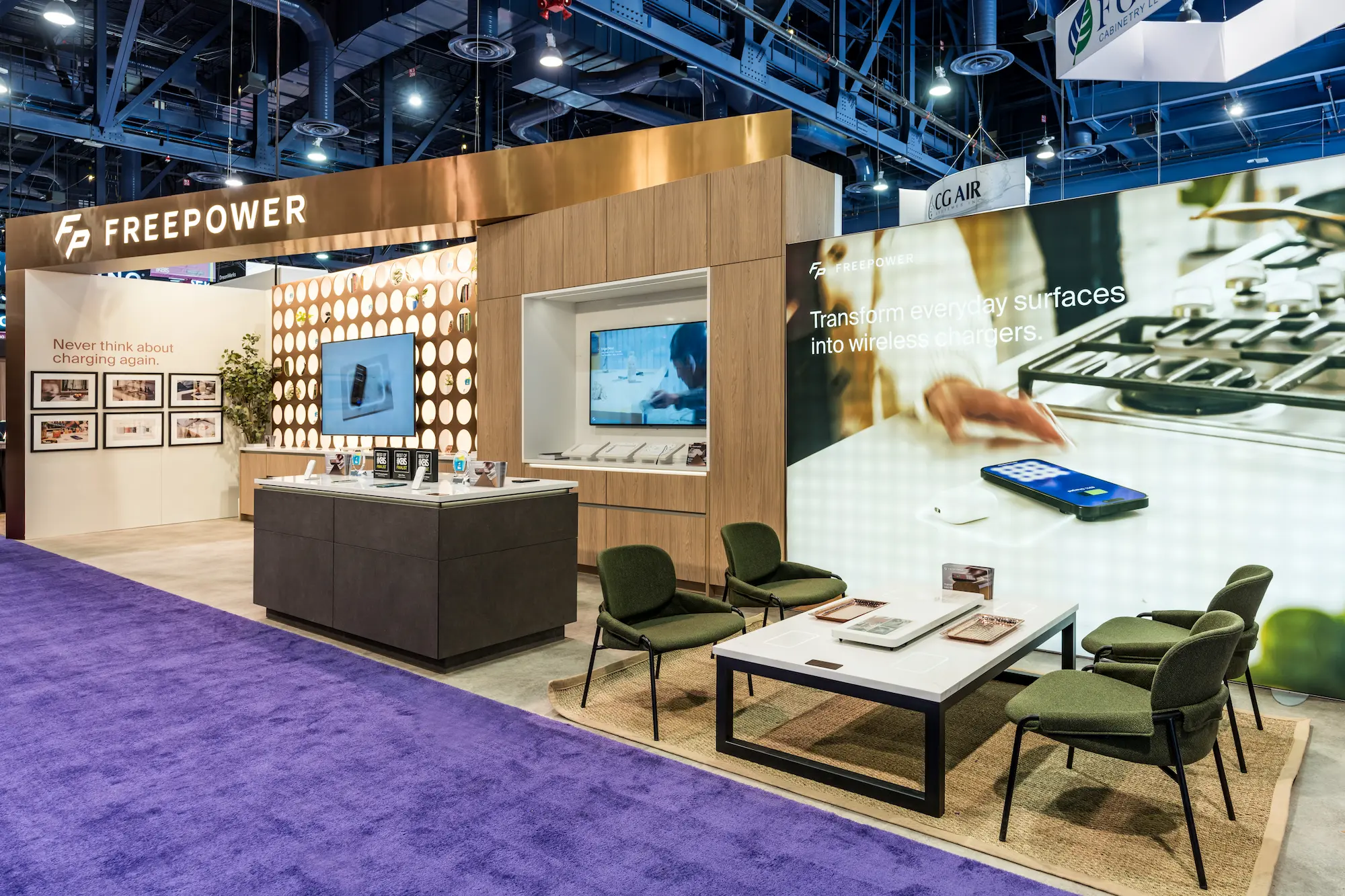 FreePower custom trade show exhibit design for product launch at KBIS with branded demo area and immersive booth environment by Highway 85 Productions