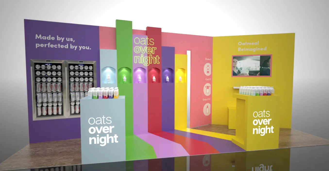 Oats Overnight custom trade show exhibit design and fabrication render showing how design and production work together by Highway 85 Productions