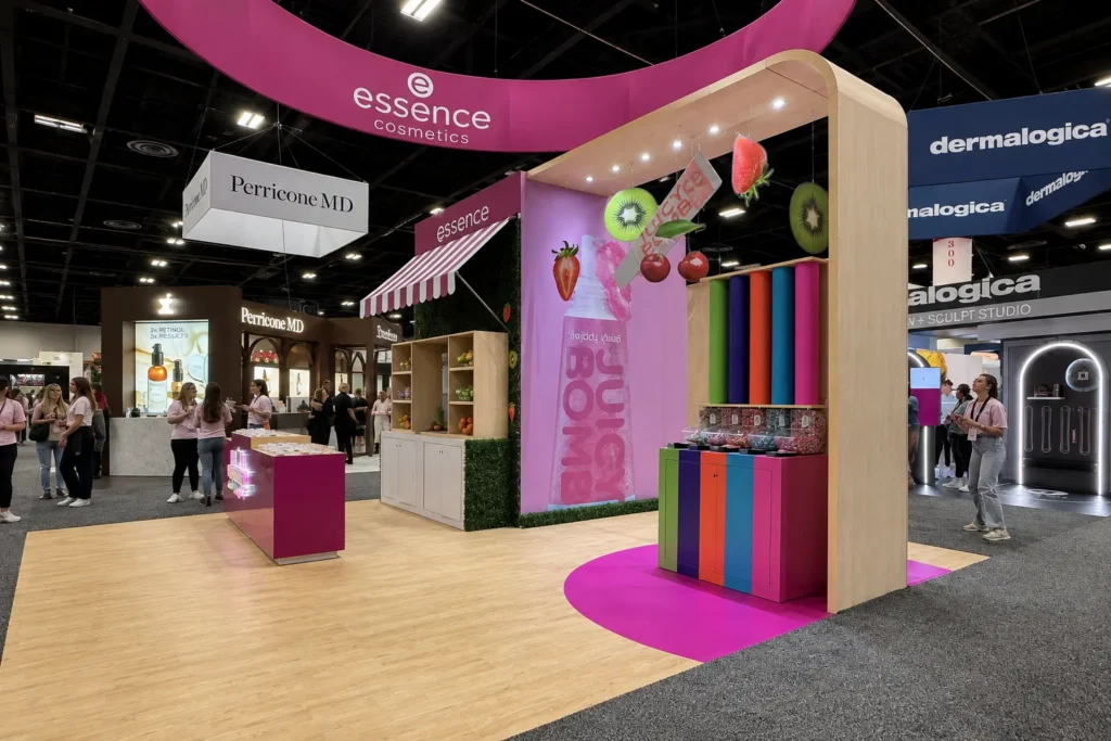 Essence custom 20x20 trade show booth illustrating the fabrication and design components that make up a complete trade show budget by Highway 85 Productions