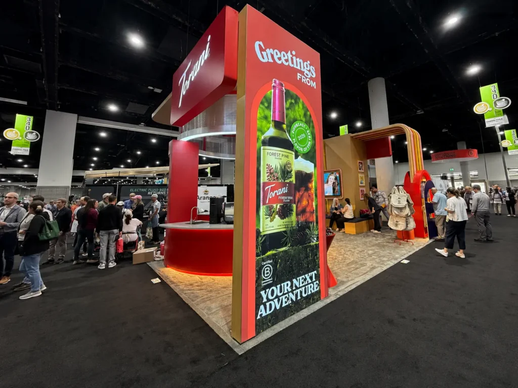 Torani 20x30 custom trade show booth showing the shipping and material handling costs included in a trade show budget breakdown by Highway 85 Productions