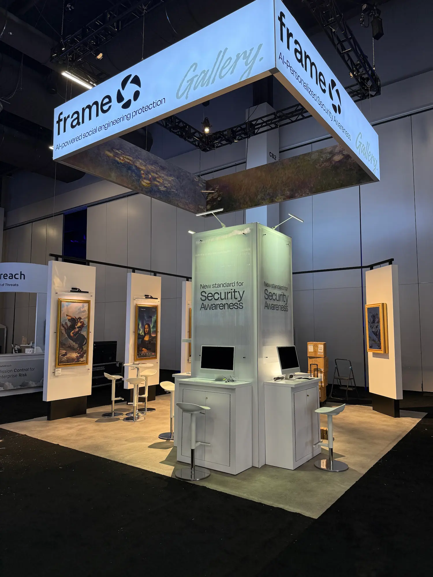 Fram Security custom 20x20 trade show booth illustrating the exhibit and show services costs that define a trade show budget vs corporate event budget by Highway 85 Productions